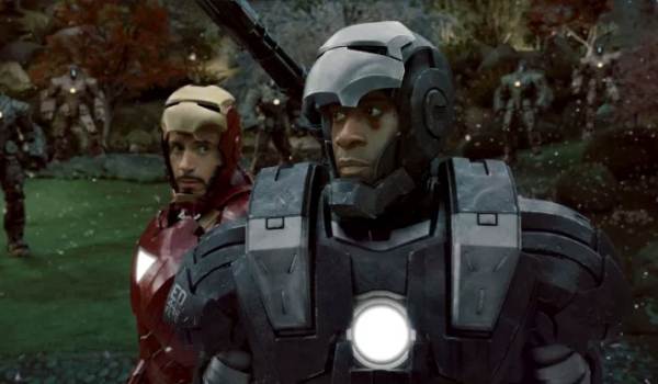 Movie still of Robert Downey Jr. as Tony Stark, and Don Cheadle as Lt. Col. James 'Rhodey' Rhodes in the sci-fi movie Iron Man 2 (2010)