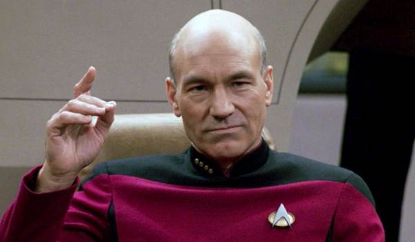 Television still of Patrick Stewart as Captain Jean-Luc Picard in the sci-fi show Star Trek: The Next Generation