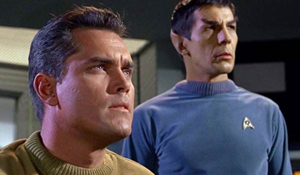 Television still of Jeffrey Hunter as Captain Christopher Pike, Leonard Nimoy as Mister Spock in the sci-fi show Star Trek: The Original Series episode ''The Cage (Unaired Pilot)''
