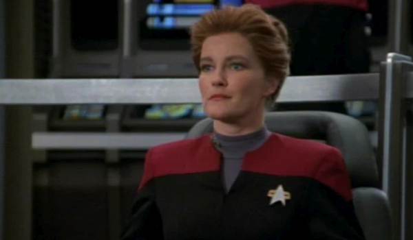 Television still of Kate Mulgrew as Capt. Kathryn Janeway in the sci-fi show Star Trek: Voyager