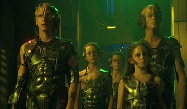 Television still of Manu Intiraymi as Icheb, Marley McClean as Mezoti, Ryan Spahn as First, Cody Wetherill as Rebi, Kurt Wetherill as Azan in the sci-fi show Star Trek: Voyager episode ''Collective''