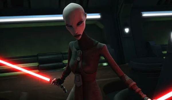 Screenshot of Asajj Ventress in Star Wars: The Clone Wars (2008): S1E09 - "Cloak of Darkness"