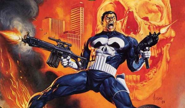 Cover art for The Punisher Magazine #8 by Joe Jusko, featuring the Punisher firing two weapons against a fiery background with a giant skull.