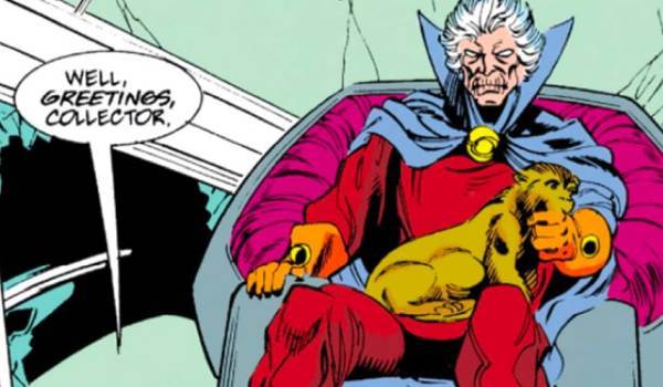 A comic panel by artist Jim Starlin depicting the Silver Surfer addressing The Collector, who sits on a floating throne.
