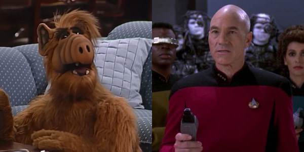 Decades of Destiny: Side-by-side comparison of the sitcom character ALF sitting on a couch and Captain Jean-Luc Picard from "Star Trek: The Next Generation" holding a phaser.