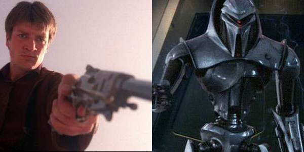 Decades of Destiny: Side-by-side comparison of Captain Malcolm Reynolds from "Firefly" aiming a pistol and a Cylon Centurion from "Battlestar Galactica."