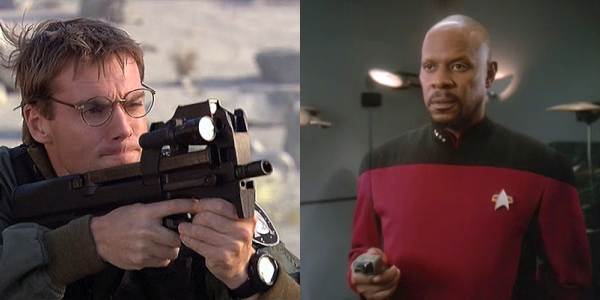 Decades of Destiny: Side-by-side comparison of Daniel Jackson from "Stargate SG-1" aiming a firearm and Captain Benjamin Sisko from "Star Trek: Deep Space Nine."