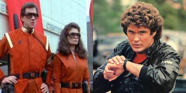 Decades of Destiny: Side-by-side comparison of the alien Visitors from "V: The Series" and Michael Knight speaking into his wrist-com from "Knight Rider."