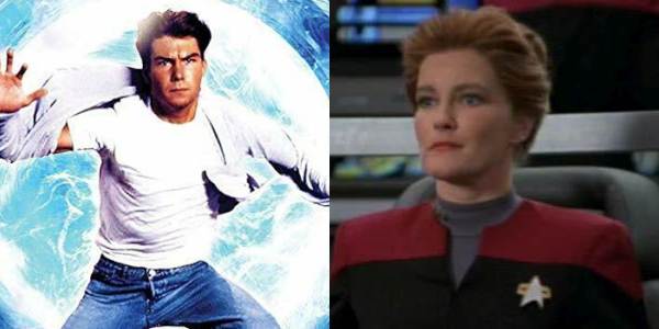 Decades of Destiny: Side-by-side comparison of Quinn Mallory sliding through a portal from "Sliders" and Captain Kathryn Janeway from "Star Trek: Voyager."
