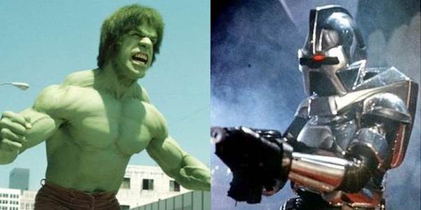 Decades of Destiny: Side-by-side comparison of Lou Ferrigno as the Hulk from "The Incredible Hulk" and a classic Cylon Centurion from "Battlestar Galactica."
