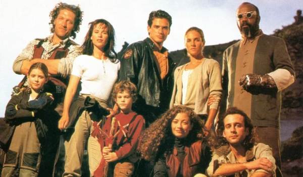 Television still of Clancy Brown as John Danziger, Jessica Steen as Dr. Julia Heller, Antonio Sabàto Jr. as Alonzo Solace, Debrah Farentino as Devon Adair, Sullivan Walker as Yale, J Madison Wright as True Danziger in the sci-fi show Earth 2