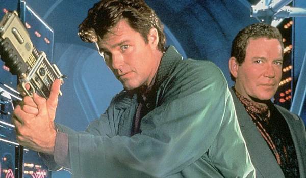 Television still of Greg Evigan as Jake Cardigan, William Shatner as Walter H. Bascom in the sci-fi show TekWar
