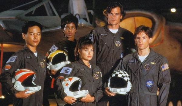 Television still of Rodney Rowland as Lt. Cooper Hawkes, Kristen Cloke as Lt. Shane Vansen, Lanei Chapman as Lt. Vanessa Damphousse, Joel de la Fuente as Lt. Paul Wang in the sci-fi show Space: Above and Beyond