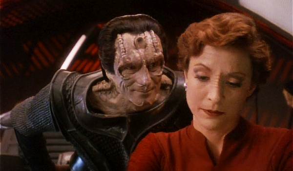 Television still of Marc Alaimo as Star Trek Villain Gul Dukat, Nana Visitor as Major Kira Nerys in the sci-fi show Star Trek: Deep Space Nine