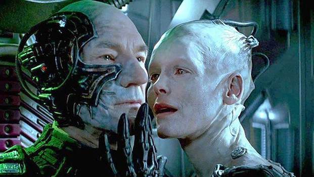 Movie still of Patrick Stewart as Captain Jean-Luc Picard, and Alice Krige as Borg Queen in the sci-fi movie Star Trek: First Contact (1996)