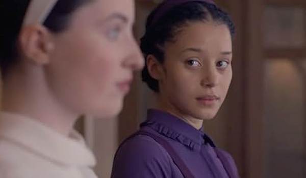 Television still of Lucy Halliday as Daisy, Chase Infiniti as Agnes MacKenzie in the sci-fi show The Testaments