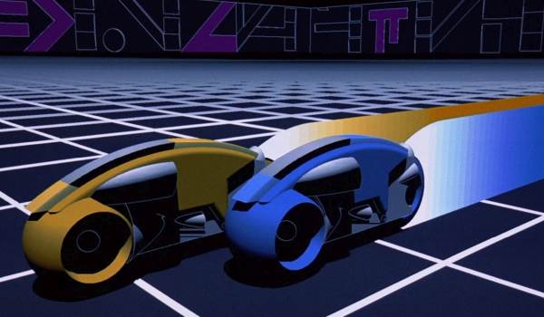 Yellow and blue vintage CGI Light Cycles racing on a black digital grid with a glowing light trail.