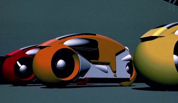 Three vintage 1982-style Light Cycles in red, orange, and yellow parked in a line against a dark, minimalist digital background.