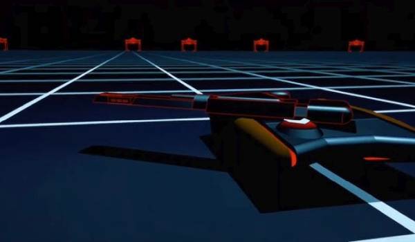 A low-angle shot of a red-trimmed CGI tank on a blue digital grid from the 1982 movie TRON, with multiple red Recognizers visible in the distance.