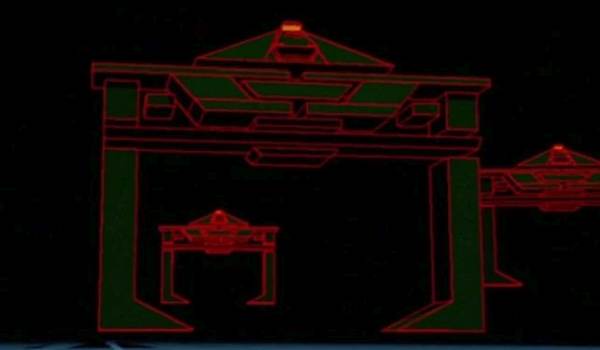 Three giant, arch-shaped Recognizer vehicles with glowing red outlines hovering in a dark digital void.