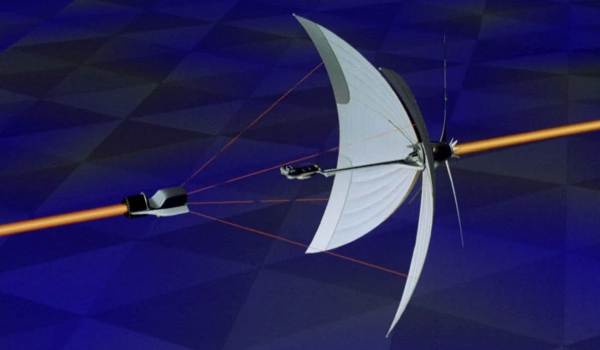 A vintage CGI Solar Sailer from the 1982 movie TRON with large white crescent sails traveling along a glowing orange beam.