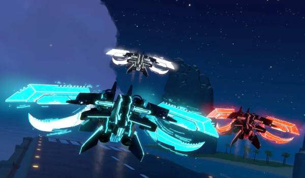 Three winged Jump Jets from the movie TRON: Ares (2025) with glowing cyan, white, and red energy wings flying over a runway at night.