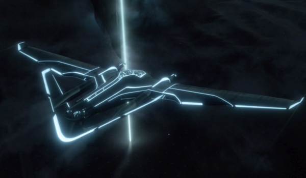 A sleek, black Light Jet with glowing white-blue neon trim flying through a dark, hazy atmosphere.