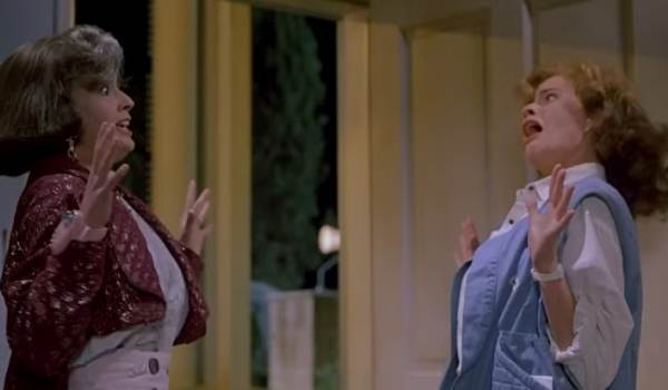 Movie still of Elisabeth Shue as Jennifer Parker meeting her older self in the sci-fi movie Back to the Future Part II (1989)