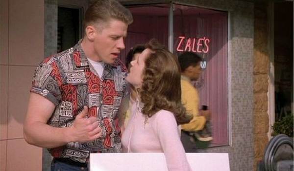 Movie still of Tom Wilson as Biff Tannen, and Lea Thompson as Lorraine Baines in the sci-fi movie Back to the Future Part II (1989)