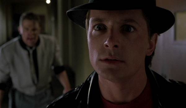 Movie still of Michael J. Fox as Marty McFly/Marty McFly Junior/Marlene McFly in the sci-fi movie Back to the Future Part II (1989)