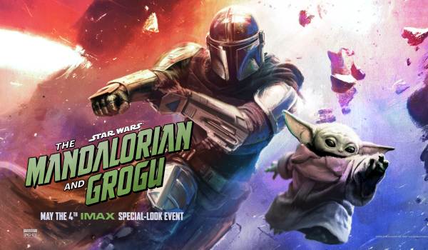 Official IMAX poster for The Mandalorian and Grogu featuring Pedro Pascal and Grogu leaping through a fiery, action-packed battlefield of orange and purple sparks.