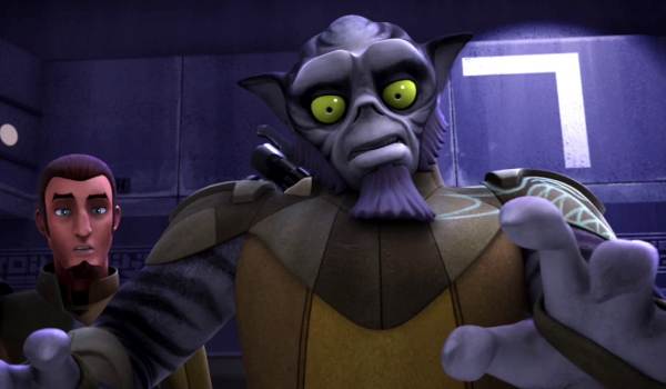 Still from Star Wars Rebels showing Zeb Orrelios with a shocked expression, reaching forward, while Kanan Jarrus looks on from the background.