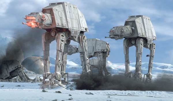 Imperial AT-AT walkers advancing across the frozen plains of Hoth in a scene from Star Wars: Episode V - The Empire Strikes Back.