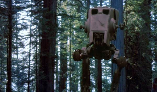  An Imperial AT-ST walker patrolling the forest moon of Endor in a scene from Star Wars: Episode VI - Return of the Jedi.