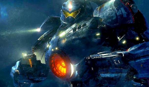 The Gipsy Danger Jaeger carrying a cargo ship through the ocean in a scene from the 2013 film Pacific Rim.