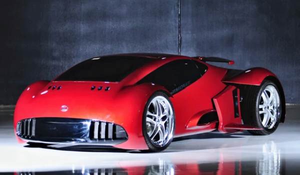 Frontal three-quarter view of the red Lexus 2054 concept car from Minority Report against a dark studio background.