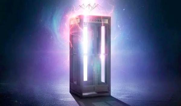 The iconic phone booth time machine in a scene from the 2020 film Bill & Ted Face the Music.