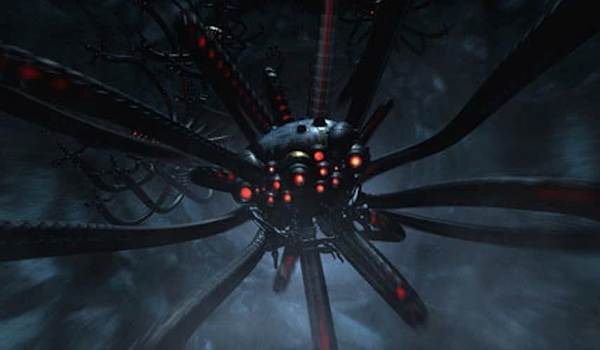 Frontal view of a Matrix Sentinel with glowing red sensors and extended mechanical tentacles.