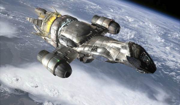 The Firefly starship Serenity soaring through the atmosphere of a blue planet