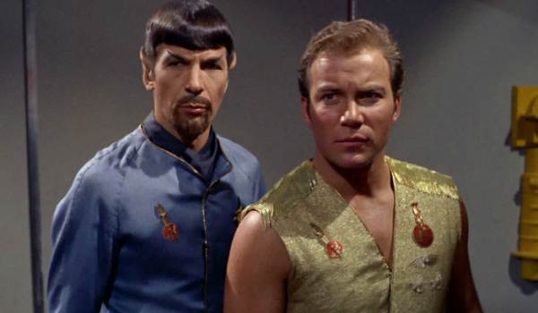 William Shatner as Captain Kirk and Leonard Nimoy as Spock in Mirror Universe uniforms from the Star Trek: The Original Series episode "Mirror, Mirror."