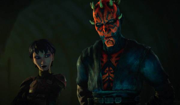 In a scene from the two-episode premiere (specifically Chapter 1: "The Dark Revenge"), Maul and his lieutenant Rook Kast are seen in the shadows of a gritty urban environment on the planet Janix. Maul, appearing in his signature black and red tattoos with a somber expression, stands beside the Mandalorian warrior Rook Kast, who is shown without her helmet, revealing her short purple hair and dark armor.