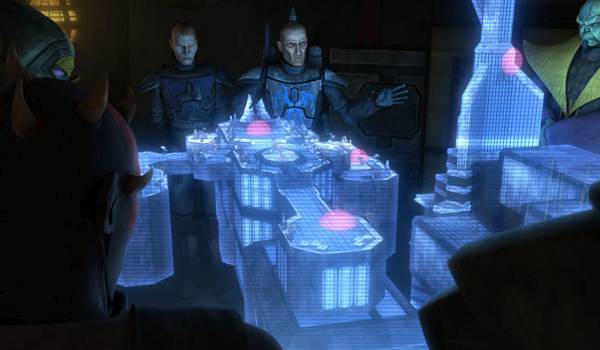 Darth Maul and Pre Vizsla huddle around a blue tactical hologram with other criminal underworld leaders. A scene from Star Wars: The Clone Wars, Season 5, Episode 14, "Eminence," showing the formation of the Shadow Collective.