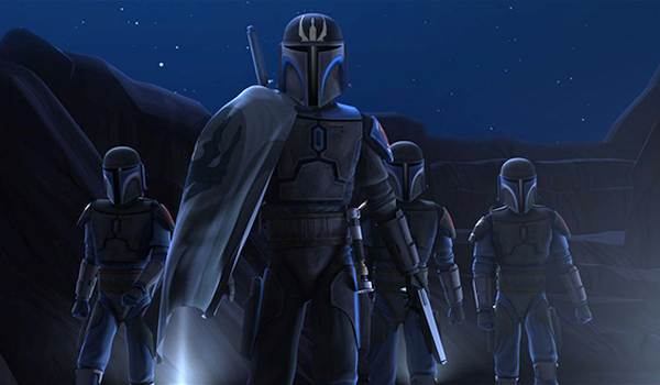 Pre Vizsla, wearing a white cape and blue Mandalorian armor, stands at the head of a Death Watch squad on the planet Carlac. A cinematic shot from Star Wars: The Clone Wars, Season 4, Episode 14, "A Friend in Need."