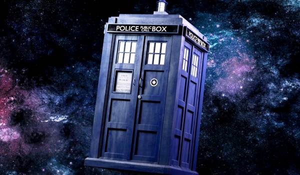 The TARDIS, the iconic blue police box time machine against a starry space scene from the long-running television series Doctor Who.