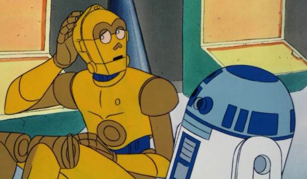 C-3PO (voiced by Anthony Daniels) looks on in confusion while scratching his head as he sits next to R2-D2 in the 1985 animated series Star Wars: Droids.