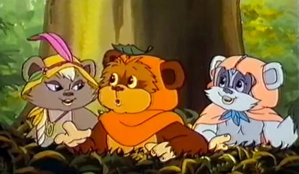 Latara, Wicket W. Warrick, and Kneesaa are gathered together in the forest of Endor from the 1985 animated series Ewoks.