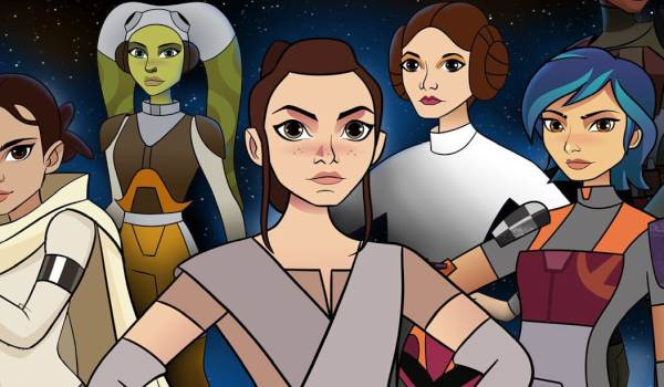 Rey stands at the center of a group featuring Hera Syndulla, Princess Leia, and Sabine Wren in an illustration for the 2017 series Star Wars Forces of Destiny.