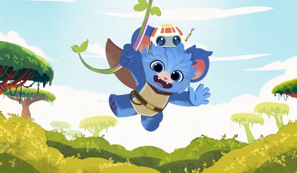 Nubs swings from a jungle vine while RJ-83 perches on his head in the 2023 youth-oriented series Star Wars: Young Jedi Adventures.