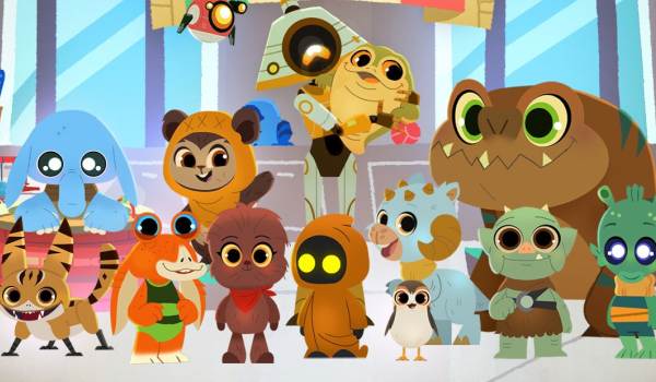 Miree teaches a group of young creatures, including a Bantha, a Porg, and a Huttlet, in a brightly colored classroom from the 2022 series Star Wars Galactic Pals.