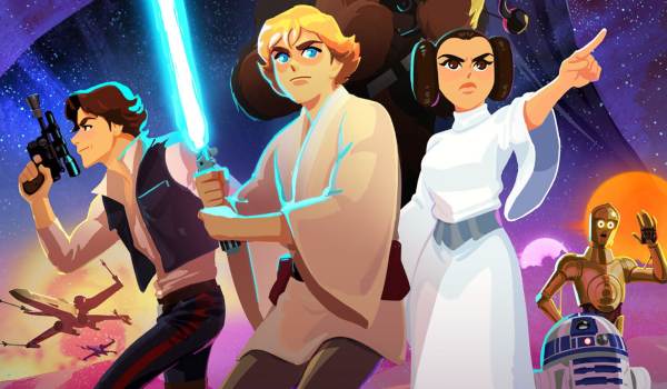 Han Solo, Luke Skywalker, and Princess Leia appear in a dynamic, anime-inspired art style from the 2017 short-form series Star Wars Galaxy of Adventures.